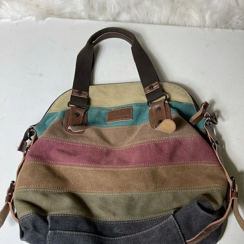 MANJIANGHONG  canvas Autumn color shoulder bag embellished with leather …